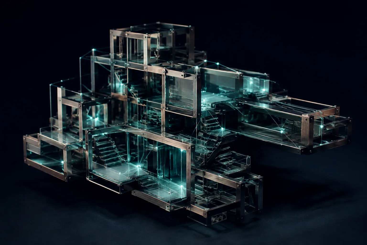 An abstract glass and metal structure illuminated by teal light.