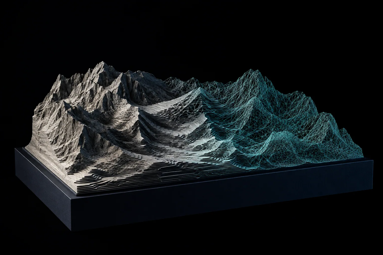 An abstract landscape model with layered contours and a computational grid.
