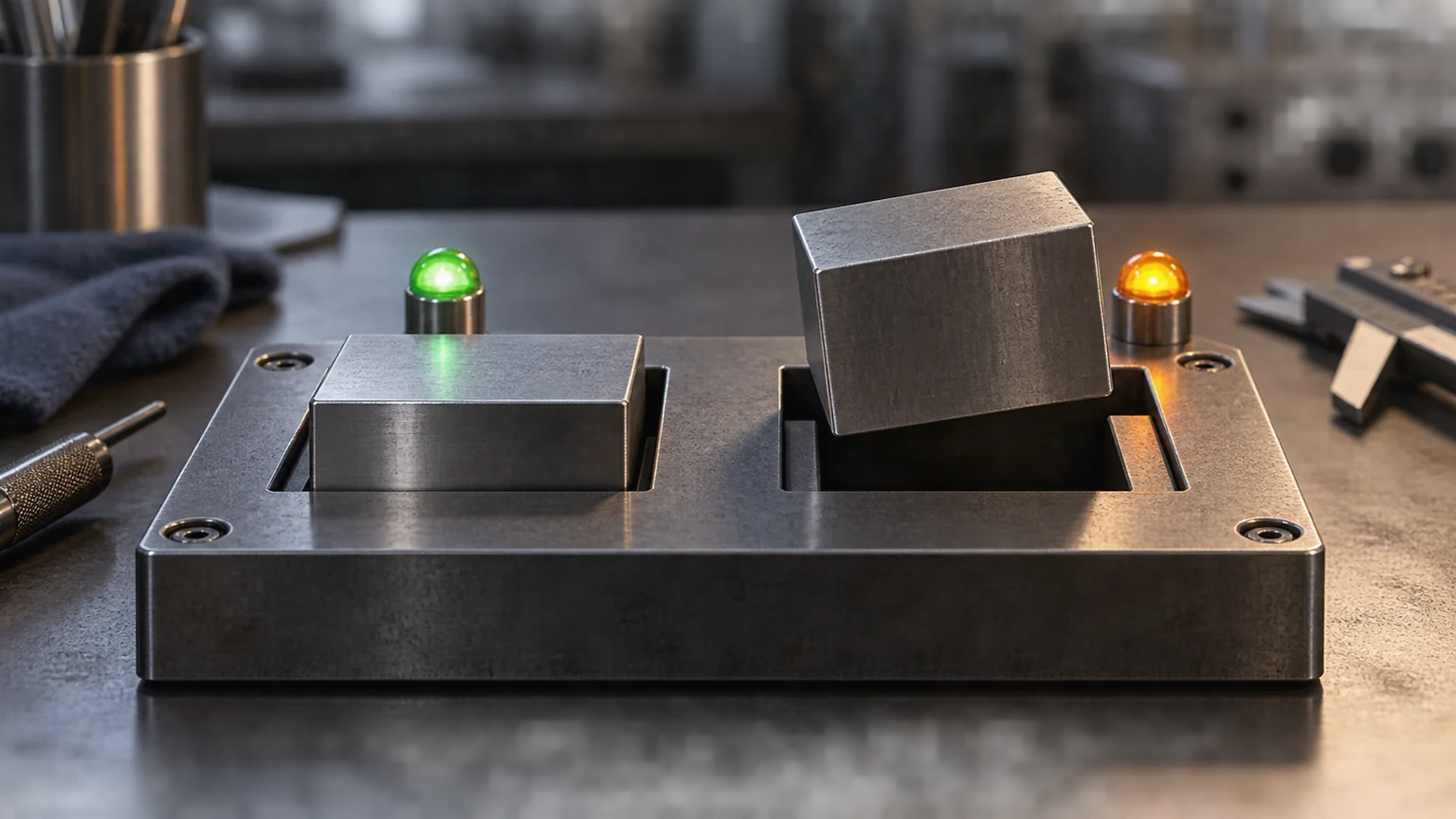 A test jig accepts one block while a mismatched block cannot pass through its slot.