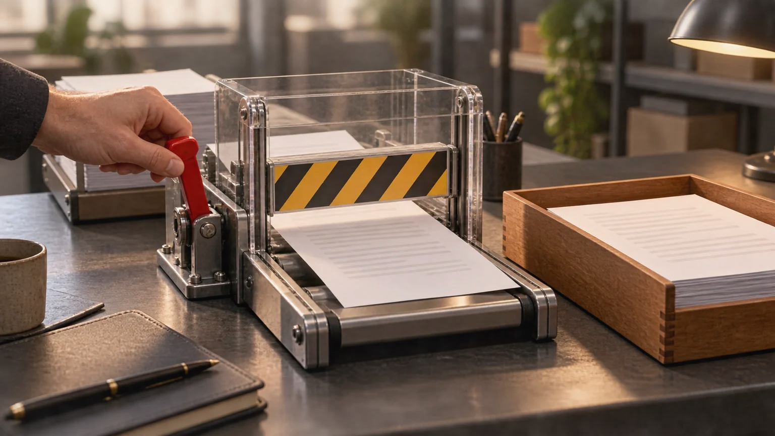 A document workflow has a visible control gate, stop lever and preserved review tray.
