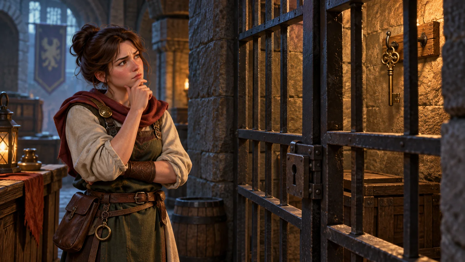 A game character considers a locked gate and a key outside the available action.